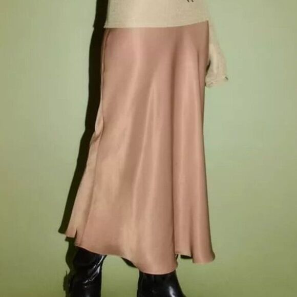 Zara Skirt Satin Slip Midi Mauve Pink L - Picture 3 of 7